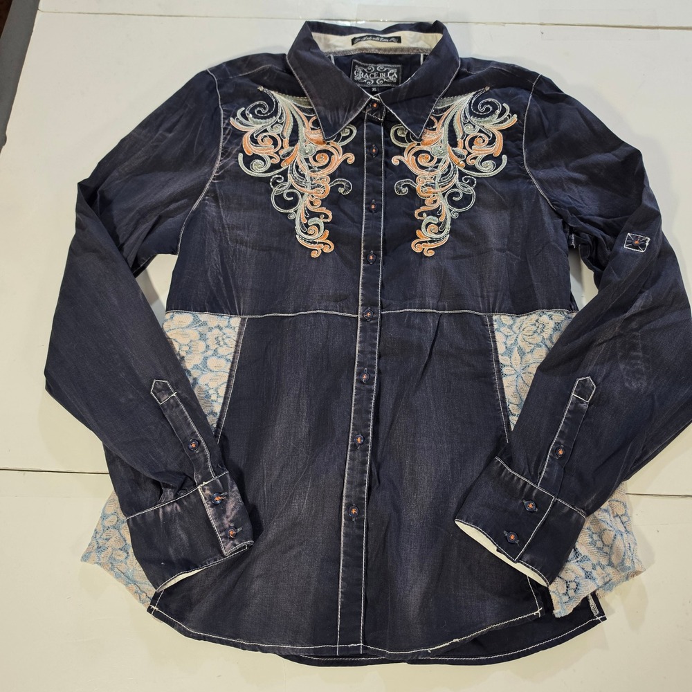 Grace in LA Embroidered Western Denim Shirt XL Lace Panels Rhinestone Boho Dark